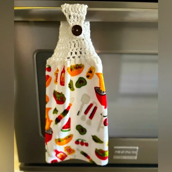 HAND CRAFTED Colorful Crocheted Top Summer BBQ Hanging Kitchen Hand Towel - Picture 5 of 6
